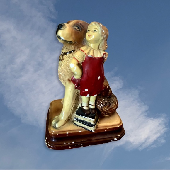 Vintage St. Bernard +little girl standing on books statue - Picture 1 of 5